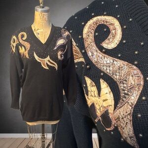 1980 Nu Dimensions Black Sweater with Gold and Brown Embellishments